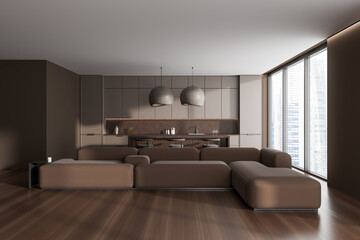 Modern studio interior with chill and dining space, panoramic window