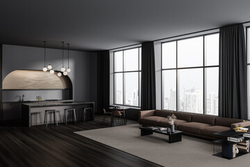 Dark studio interior with chill and dining corner, panoramic window