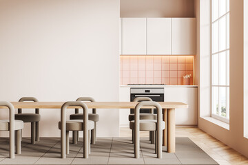 Light kitchen interior with eating table and kitchenware, window. Mockup wall