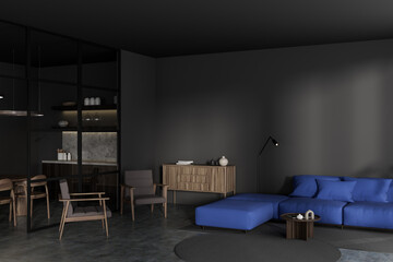 Grey studio interior with relaxing and eating corner. Mockup wall