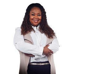 Self assured and confident plus size black businesswoman or a business leader happy with future...