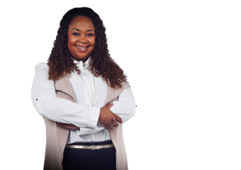 Self assured and confident plus size black businesswoman or a business leader happy with future vision smiling and posing looking empowered and career goal oriented isolated on a png background.