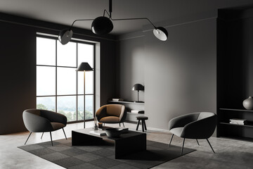 Grey living room interior with armchairs and decoration, window. Mockup wall