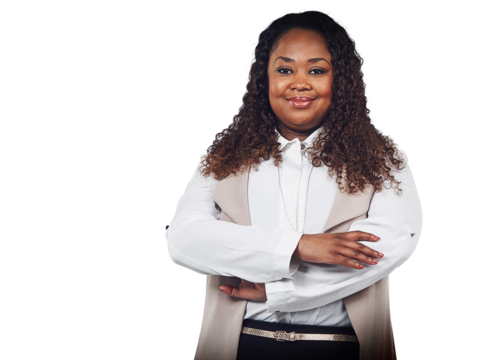 A smiling attractive middle-aged plus-size plump woman in a business suit looking decent and goal oriented isolated on a png background.