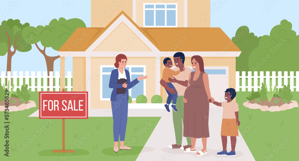 Poster realtor showing two story home to large family flat color vector illustration. hero image. editable 