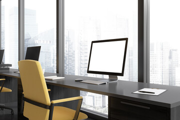 Office interior with pc desktop on table with mockup display, panoramic window