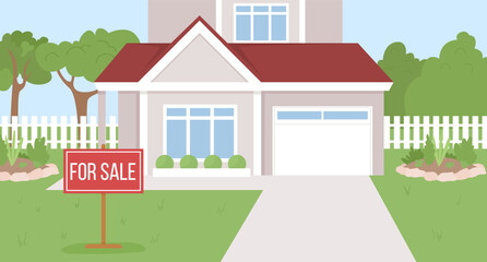 Suburban house for sale flat color vector illustration. Selling new real estate. Two story home with garage and garden on backyard. Editable 2D simple cartoon landscape. Bebas Neue Regular font used - obrazy, fototapety, plakaty
