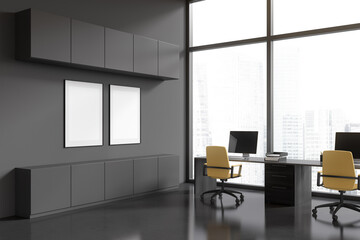 Grey office interior with coworking corner and panoramic window. Mockup frames
