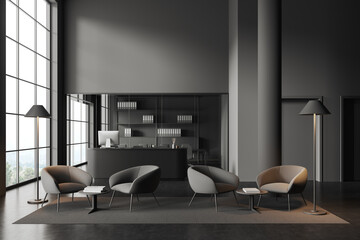 Grey office interior with relax area and reception desk, panoramic window