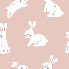 seamless childish pattern with cute white hares. Vector illustration for nursery and textile decoration