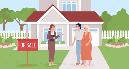 Real estate agent showing home to pregnant couple flat color vector illustration. Hero image. Fully editable 2D simple cartoon characters with landscape on background. Bebas Neue Regular font used