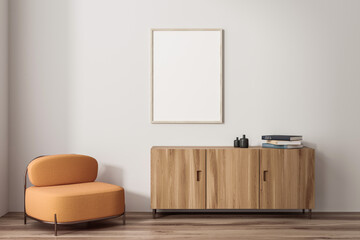 White living room interior with soft place and decoration, mockup frame