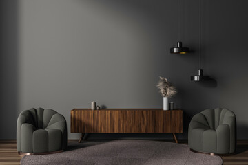 Dark living room interior with two seats and sideboard. Mockup wall