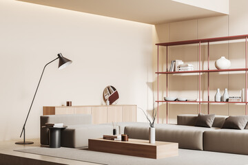 Light chill interior with sofa and shelf with decoration, mockup wall
