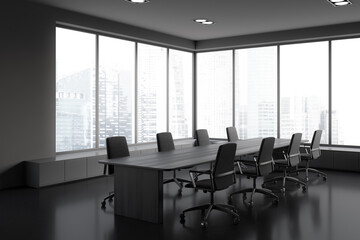 Grey business room interior with board and panoramic window
