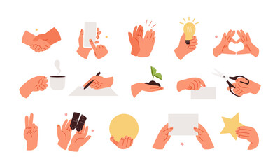 Plakat Hands set concept and various gestures. Handshake, business, coffee, signature, idea, applause, ecology, love