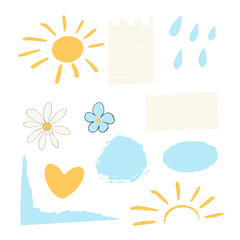 Set doodle ink, brush design elements with flowers,sun, rain drops, decorations abstract free hand brush drawing isolated on white background.