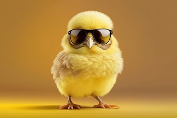 cheerful chick in black sunglasses on a yellow background. Generative AI