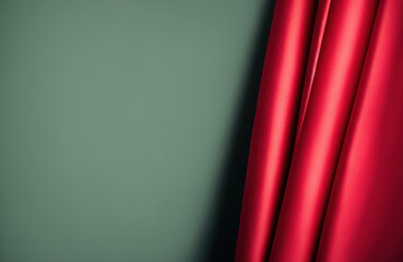 Silk curtain in red color. Banner with copy space green color. Generative AI.