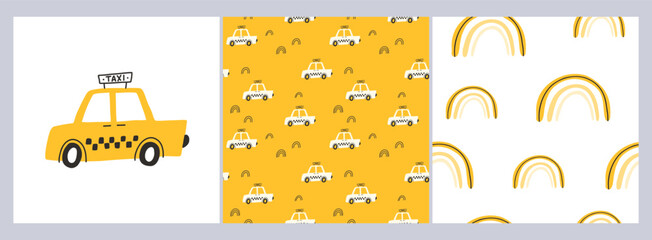Set of seamless childish pattern with hand drawn cartoon cars. Creative kids abstract texture for fabric, wrapping, textile, wallpaper, apparel. Vector illustration