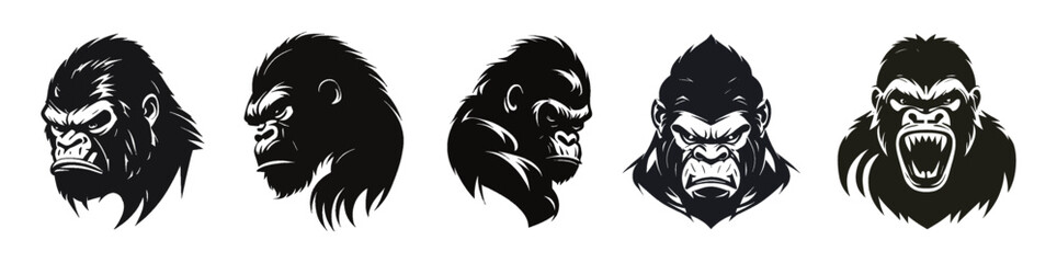 Black and white vector set of gorilla head logo. Black and white style. A monkey with sharp teeth and a dangerous look. Perfect for postcard, book, poster, banner, merch, t-shirt. Set icons. Vector