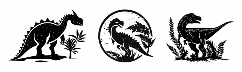 Black and white vector set of logo dinosaur, dragon. Black and white style. Herbivore, predatory dino. Perfect for postcard, book, poster, banner, merch, t-shirt. Logo set. Vector illustration