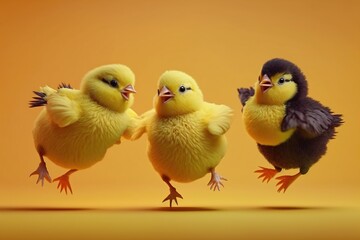Fototapeta premium a group of yellow cute chickens have fun on a yellow background. Generative AI