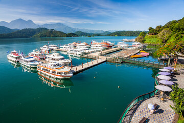 The scenery of the Yacht Marina at Sun Moon Lake in the morning is a famous attraction in Nantou, Taiwan.