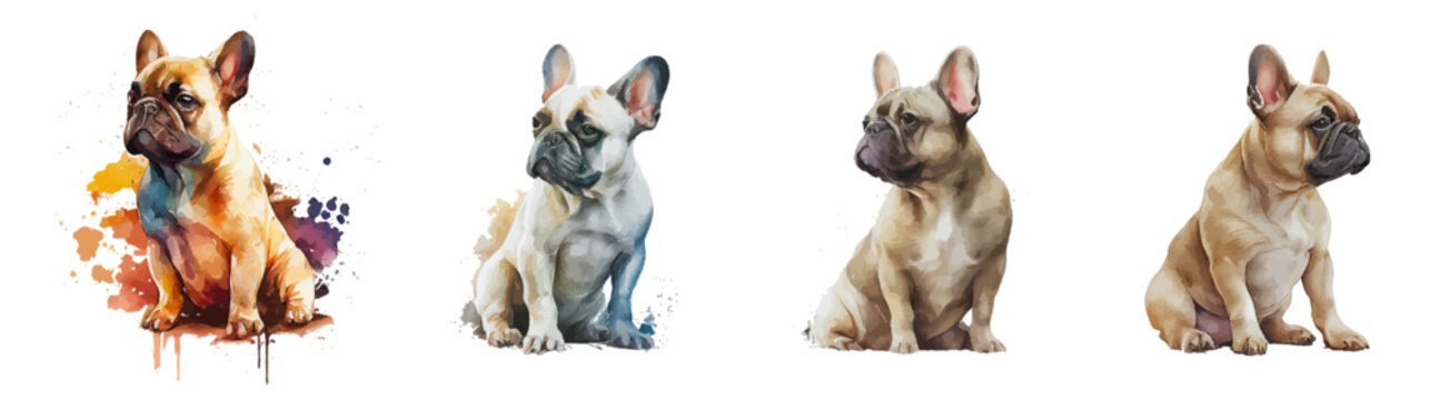French bulldog on a white background. Handsome cute dog. French bulldog watercolor set. Ideal for postcard, book, poster, banner. Vector illustration