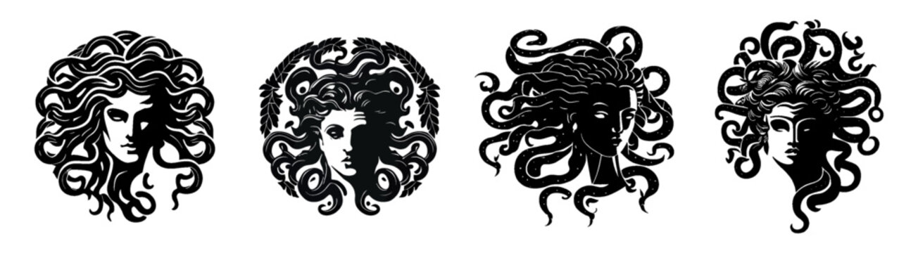 Black and white vector set of gorgon medusa head logo. Black and white style. Woman with snakes for hair. Perfect for postcard, book, poster, banner, merch, t-shirt. Logo set. Vector illustration