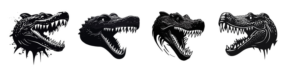 Obraz premium Black and white vector set of crocodile head logo. Black and white style. Reptile with sharp teeth and open mouth. Perfect for postcard, book, poster, banner, merch, t-shirt. Set icons. Vector
