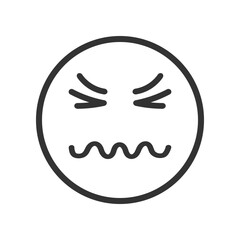 Emoji face with confounded emotion, squiggly mouth, closed eyes and scrunched mimicry. Unhappy, sad, depressed symbol. Emoticon icon isolated on white background. Vector graphic illustration.