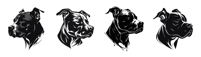 Black and white vector set of pit bull head logo. Black and white style. Purebred pit bull, Stafford with ears. Perfect for postcard, book, poster, banner, merch, t-shirt. Logo set.Vector illustration