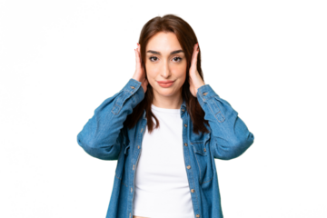 Young caucasian woman over isolated chroma key background frustrated and covering ears