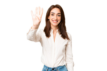 Young caucasian woman over isolated chroma key background happy and counting four with fingers