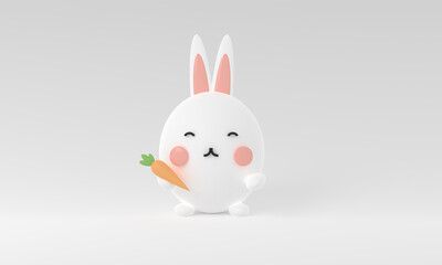 3d rendering illustration of cute rabbit holding carrot decorations. Animal characters isolated on white background. bunny holding carrot minimal . cartoon icons Funny. cute animal symbol