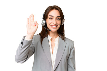 Telemarketer caucasian woman working with a headset over isolated chroma key background happy and counting three with fingers