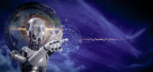 Fototapeta na wymiar Robot touching icon New world future technology, artificial intelligence (AI) concept for internet network technology and digital software development, metaverse algorithm