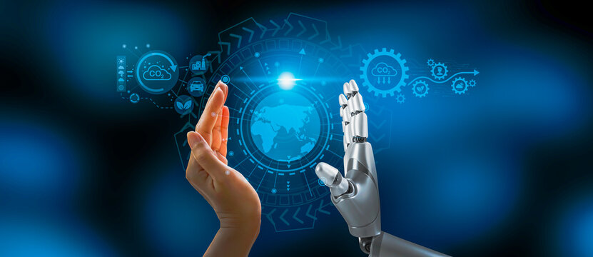 Robot hand about to touch human hand embracing earth icon. new technology in the future of the world, the concept of artificial intelligence (AI) is important to the world in the future, earth concept