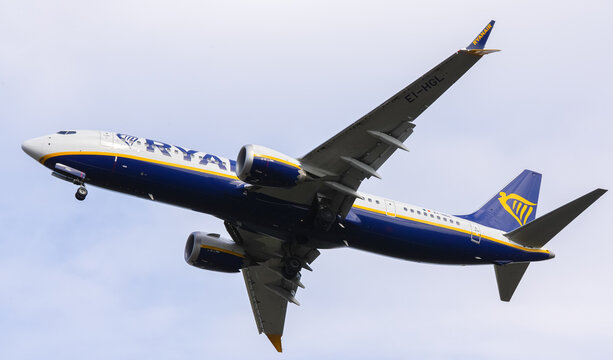 Ryanair Boeing 737 NG Max airplane landing on Henri Coanda International Airport. Aviation industry concept photo. Otopeni, Romania, 2023.
