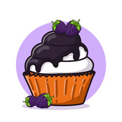cartoon cupcakes with blackberries. Vector multi-colored single blackberry cupcake cake icon.