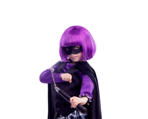 A super hero character costume girl or vigilante with nunchaku, fantasy or creative comic clothes. A girl kid in a superhero character mask or a cosplay isolated on a png background.