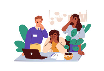 Office workers, employees looking at computer at desk, reading bad news, negative information. Work team reaction on unexpected problem. Flat graphic vector illustration isolated on white background