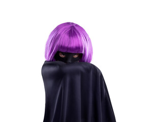 A vigilante superhero girl in a cosplay mask and cape in a ready position to fight crime isolated on a png background.