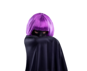A vigilante superhero girl in a cosplay mask and cape in a ready position to fight crime isolated on a png background.