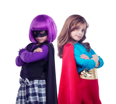 A superhero costumed girl in cosplay at a friend's birthday party. Power, anime and children in red, blue and purple design for avatar, character or villain story mockup isolated on a png background.