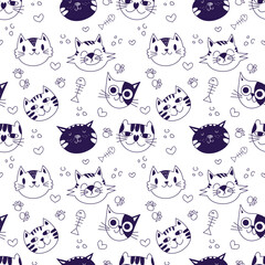 Cats seamless pattern vector design. cute cats head with funny expressions isolated in White background. Animal vector background template for kids. EPS