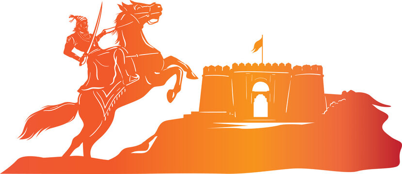 silhouette of a fort backdrop with Shivaji Maharaj riding a horse 