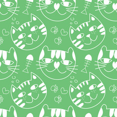 Cats seamless pattern vector design. cute cats head with funny expressions isolated in Green background. Animal vector background template for kids. EPS