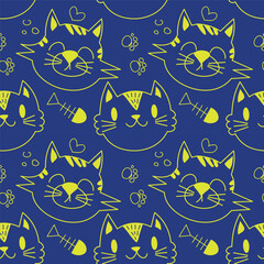 Cats seamless pattern vector design. cute cats head with funny expressions isolated in Blue background. Animal vector background template for kids. EPS